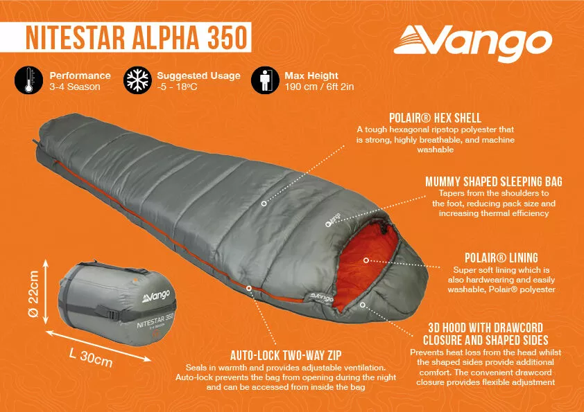 Vango Nitestar Alpha 350 Sleeping Bag (Fog) Vango Nitestar Alpha 350 Sleeping Bag (Fog) -Vango Store nitestar 350 infographic