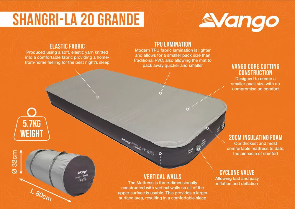 Vango Shangri-La II 20cm Grande Self-Inflating Mattress Vango Shangri-La II 20cm Grande Self-Inflating Mattress -Vango Store shangri la 20 grande infographic