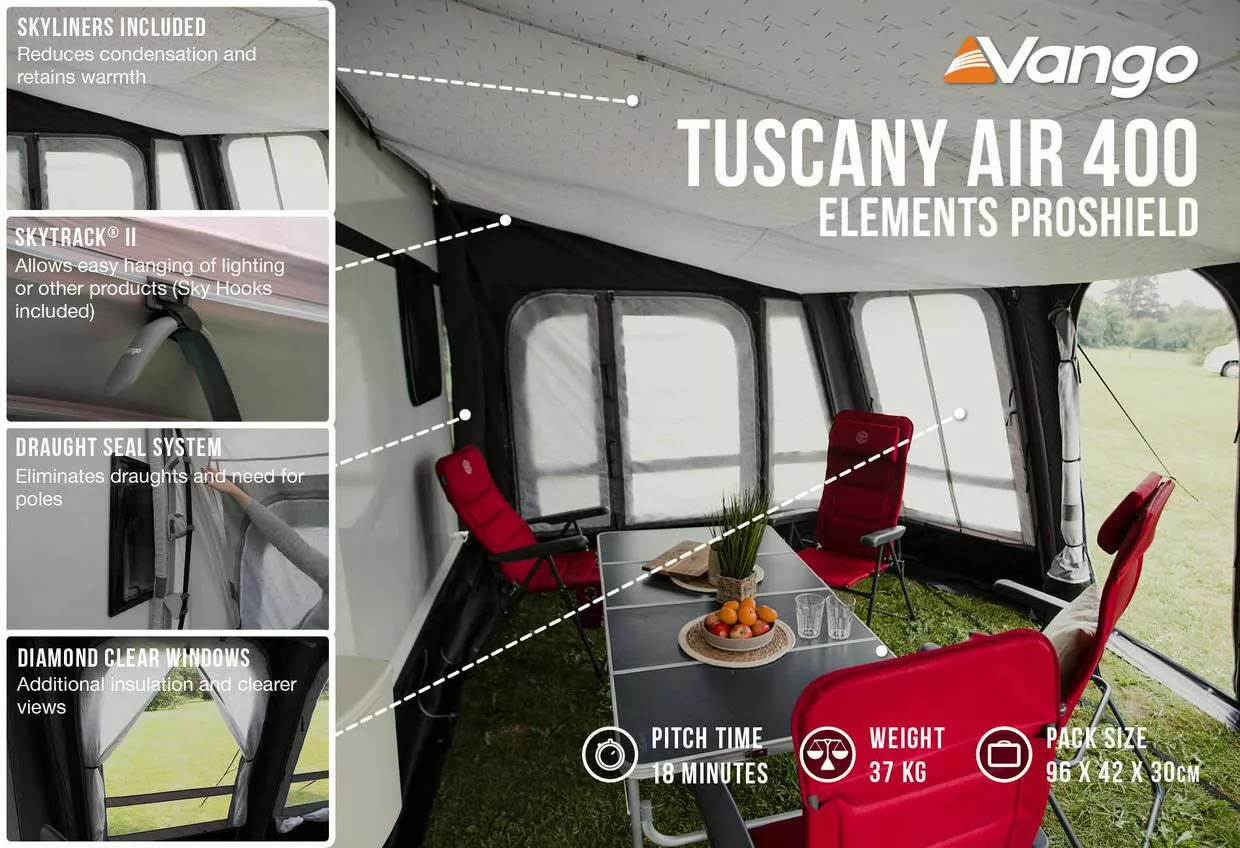 Vango Tuscany Air 400 Elements Proshield Caravan Awning (2023) Vango Airbeam Vango Tuscany Air 400 Elements Proshield Caravan Awning (2023) -Vango Store tuscany air 400 eps in